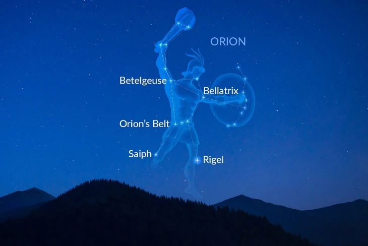 Orion stars: Constellation map highlighting Betelgeuse, Rigel, and the Belt stars against the night sky.