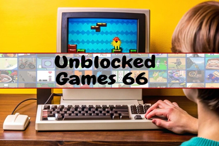 Colorful gaming controllers surrounding the text "Unblocked games 66" on a computer screen.