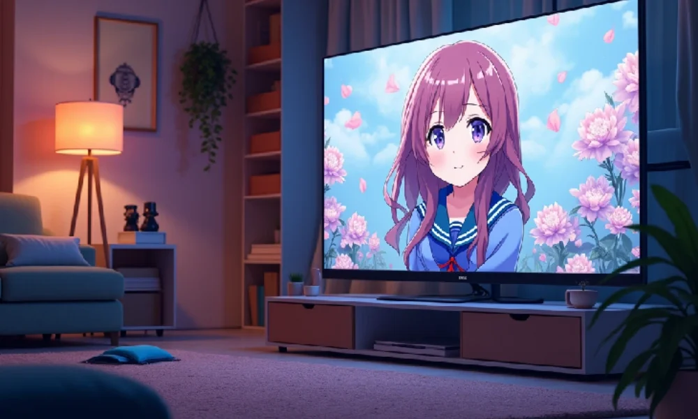 Vuianime logo showcasing diverse anime characters streaming from various devices.